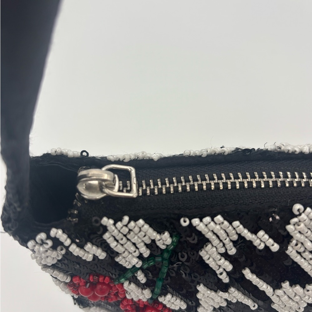 Black Beaded Houndstooth Shoulder Bag - Red Cherry Motif - Made in India - Picture 10 of 10